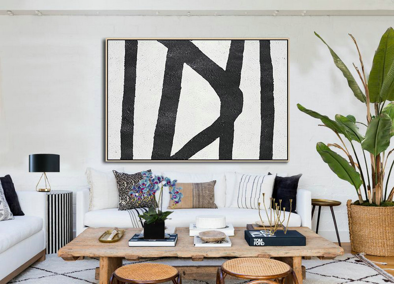 Extra Large Artwork,Hand Painted Oversized Horizontal Minimal Art On Canvas, Black And White Minimalist Painting - Modern Abstract Wall Art